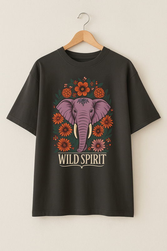 "Wild Spirit" Oversized Terry T-Shirt – Vintage Elephant Floral Graphic