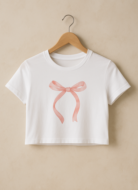 Minimal Pink Bow Crop Top | Aesthetic Y2K Fitted Tee for Women